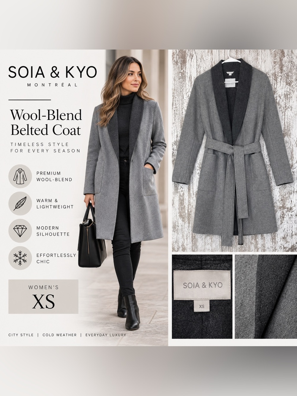 SOIA & KYO Gray Wool Blend Belted Coat Women’s XS Shawl Collar Long Wrap Coat